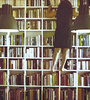 Via (2013, detalle), de Katia Maciel: La mujer que escala una biblioteca ironiza sobre el “lugar” de los libros hoy.
