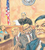 Una ilustración del Chapo Guzmán, vestido de traje, durante la lectura de la sentencia del jurado.
