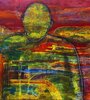 Autorretrato, de Luis Felipe Noé, 2020; 90 x 120 cm; acrílico, tinta y pastel sobre tela. Abajo: "A cara tapada", de Noé, 2020; 127 x 109,5 cm. (detalle).
