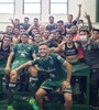 Festejo del Verde tras la primera victoria en la Liga de Fútbol Profesional (Fuente: Prensa Sarmiento de Junín)