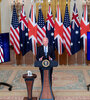 Biden anuncia la firma delpacto desde la Casa Blanca con la presencia virtual de Morrison y Johnson.  (Fuente: AFP)