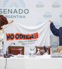 El cura Domingo Bresci y la bandera "No odien", junto a Cristina Kirchner en el Senado. (Fuente: Prensa Senado)