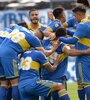 Boca festeja el gol de Fabra, para la apertura del marcador. (Fuente: Fotobaires)