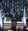 El presidente Milei habló rodeado de los atletas argentinos (Fuente: AFP)
