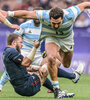 Rodrigo Isgró apoya su último try en Los Pumas 7 (Fuente: AFP)