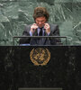 Javier Milei mientras dirige la palabra a la Asamblea General de la ONU. (Fuente: AFP)