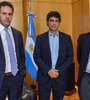 El presidente del Banco Central, Guido Sandleris, el ministro de Hacienda, Hernán Lacunza, y el jefe del Departamento del Hemisferio Occidental del FMI, Alejandro Werner (Fuente: Télam)