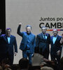 Macri, junto a Juez, Negri y otros referentes, mientras el cuarteto interpelaba al presidente. (Fuente: Télam)