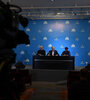 La conferencia de prensa del presidente, junto a Horacio Rodríguez Larreta y Axel Kicillof. (Fuente: Télam)