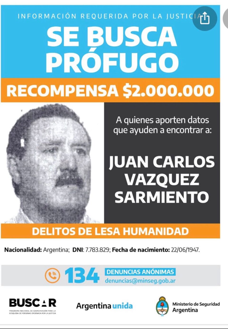 Fue detenido el represor Juan Carlos Vázquez Sarmiento