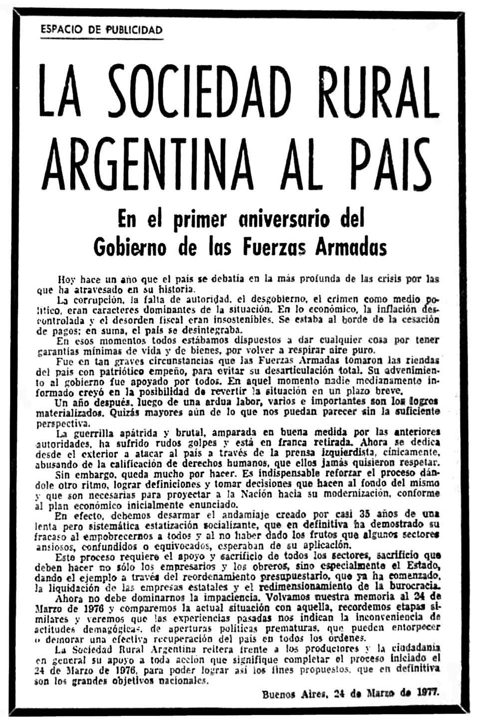 La Rural y la dictadura "Tomaron las riendas del país con patriótico