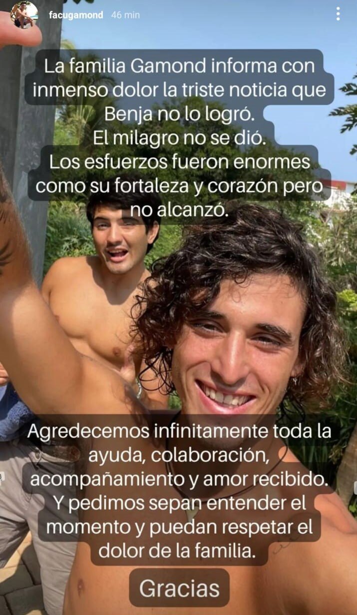 Facundo, hermano de Benjamín, confirma el fallecimiento en sus historias de Instagram