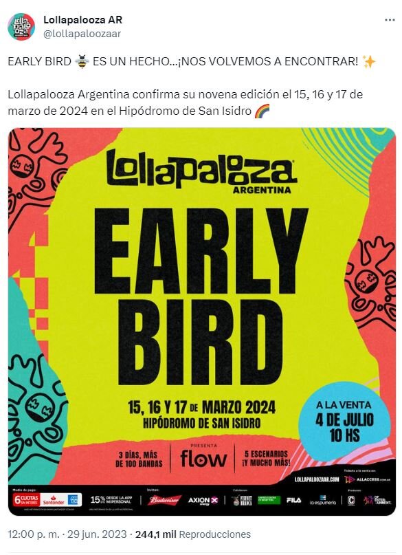 Lollapalooza Argentina 2024 confirmó las fechas del festival y cuándo
