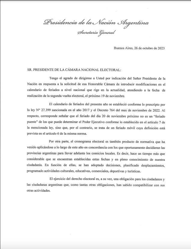 Balotaje: No se moverá el feriado del lunes 20 de noviembre | La carta del  Gobierno nacional a la Cámara Nacional Electoral | Página|12