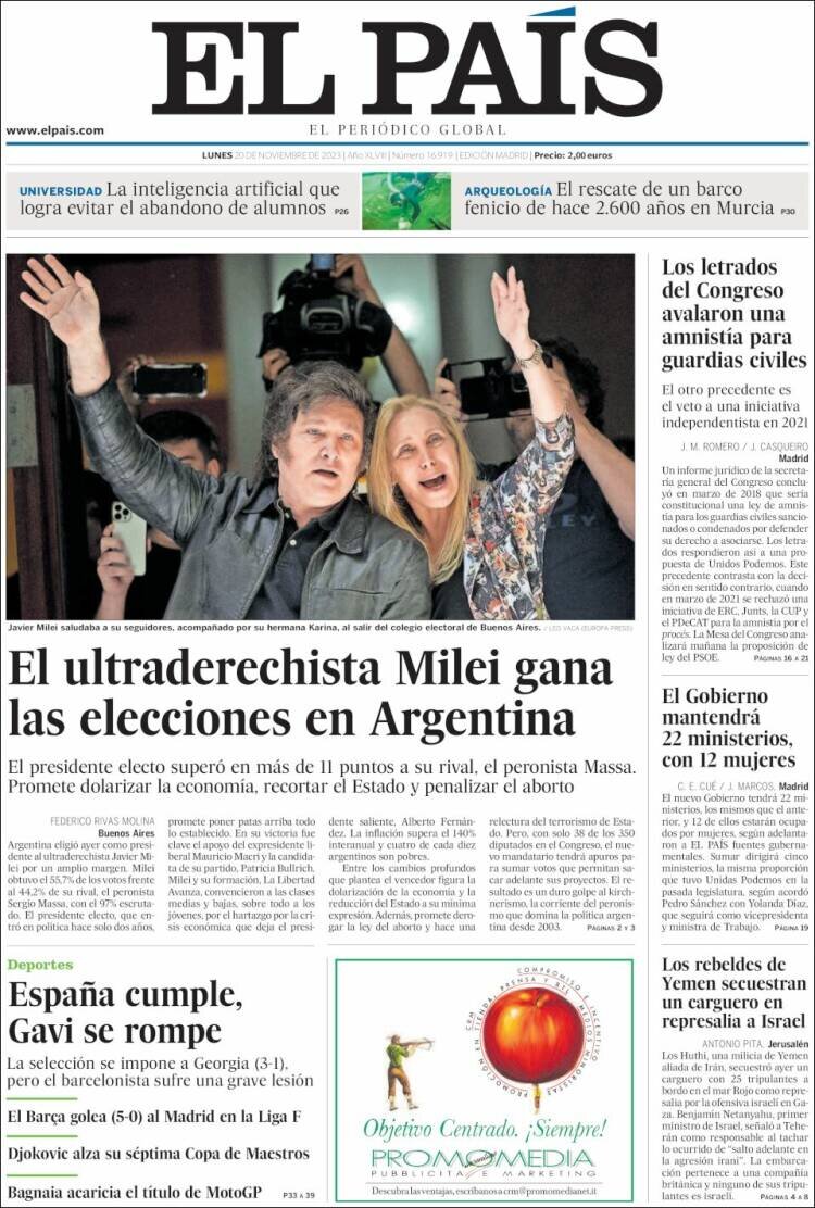 Las tapas de los diarios internacionales reflejaron la victoria de Milei