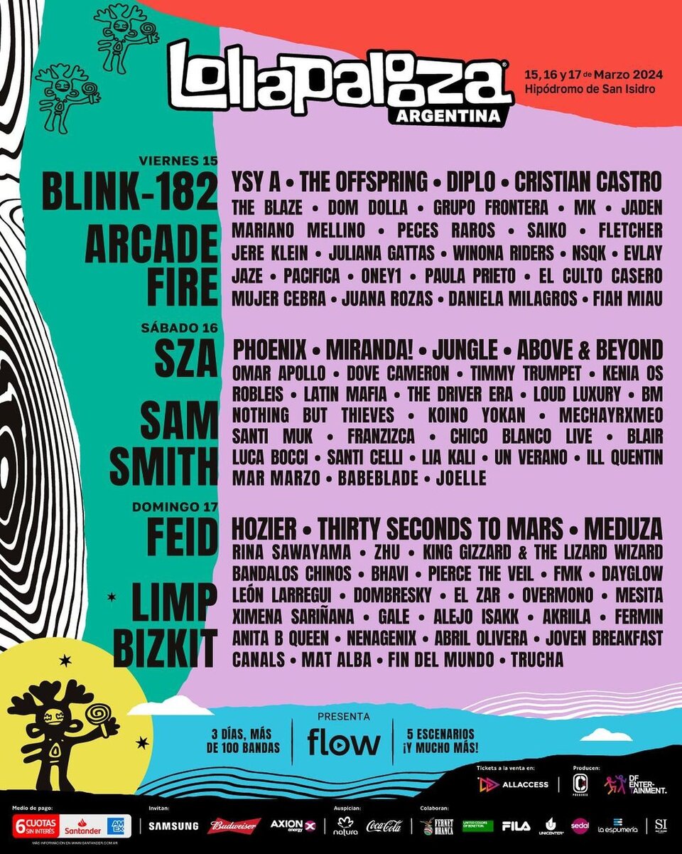 Line up Lollapalooza 2024 ¿qué artistas tocan cada día? Lollapalooza 2024 BFN AR