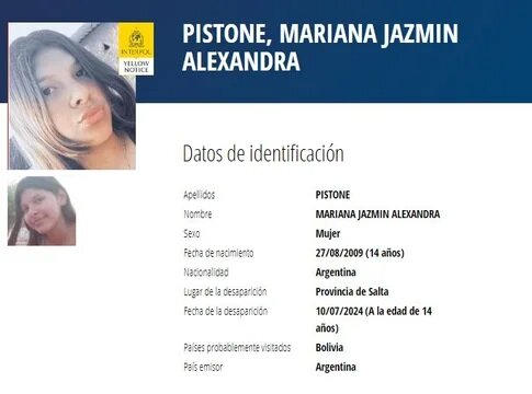 Interpol activó la alerta amarilla por la búsqueda de Mariana Pistone