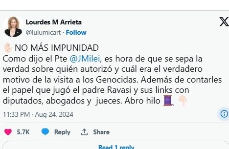 Lourdes Arrieta publicó los chats de cómo se organizó la visita de diputados libertarios a los represores
