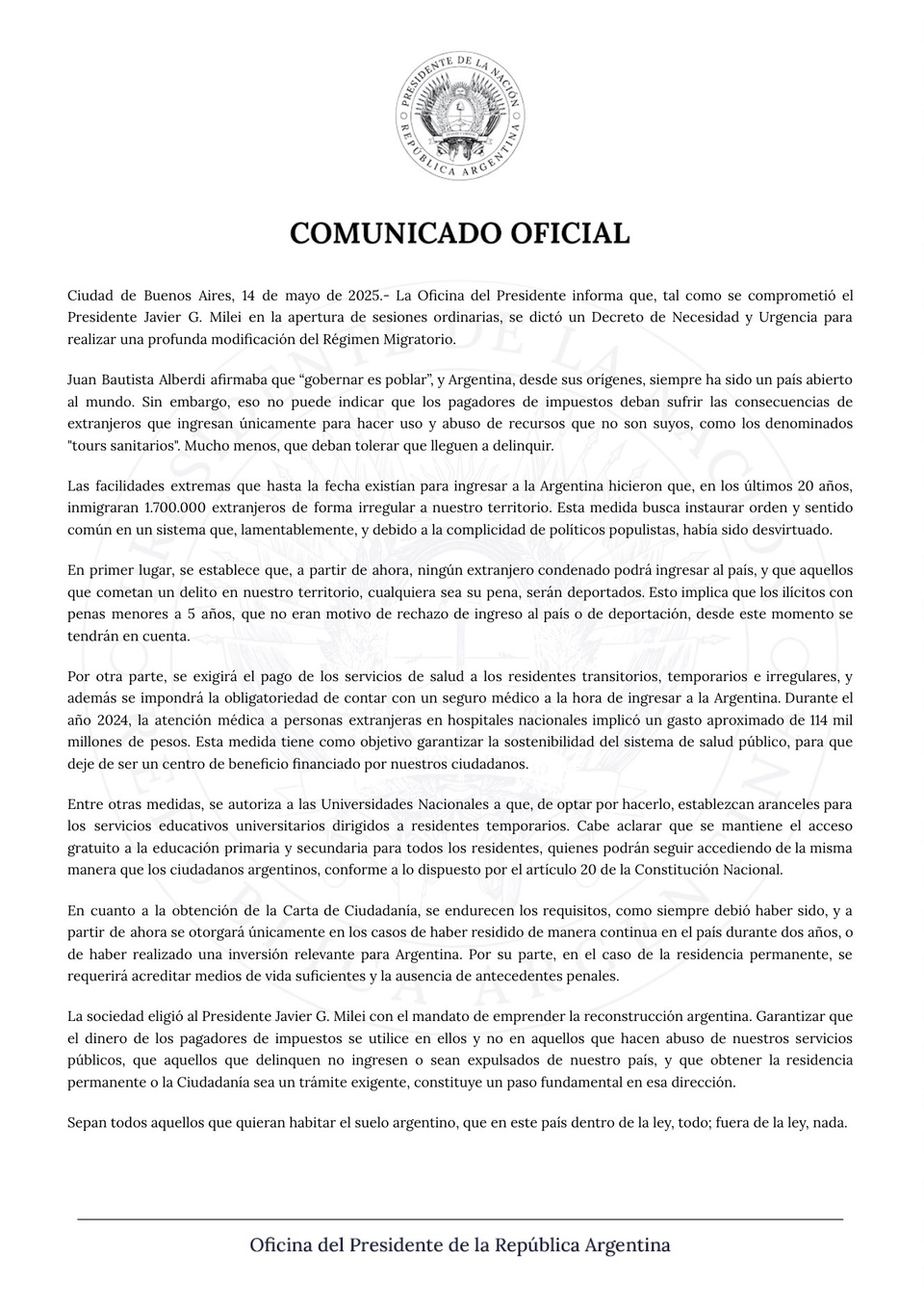 El comunicado que emitió presidencia tras la conferencia de Manuel Adorni