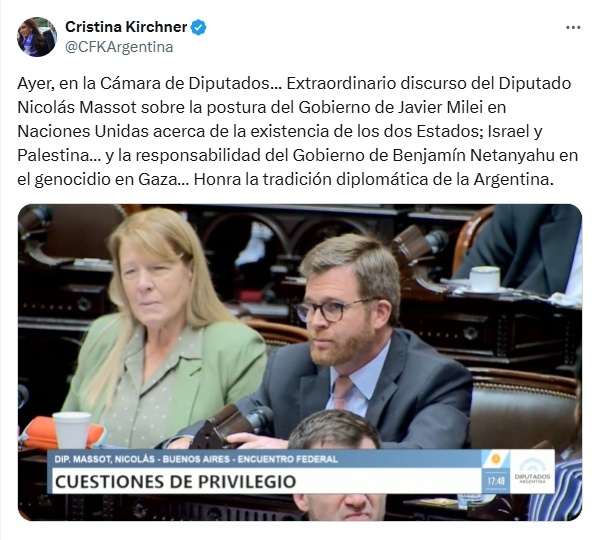 Cristina Kirchner criticó la posición del Gobierno en la ONU sobre el conflicto entre Israel y Palestina - Image 1