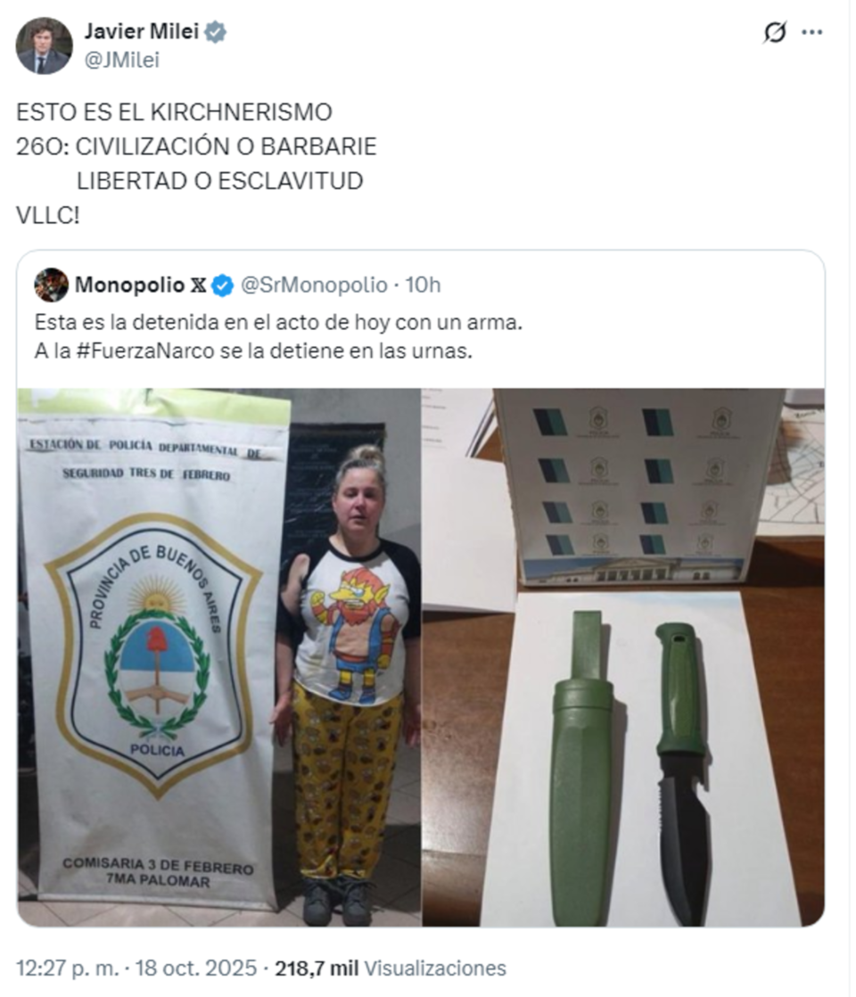 Milei volvió a avalar la violencia política
