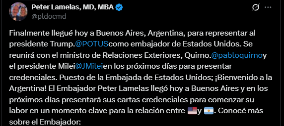 Antes de su viaje a Miami, Milei se reunirá hoy con Peter Lamelas, nuevo embajador de EE.UU. en el país - Image 2